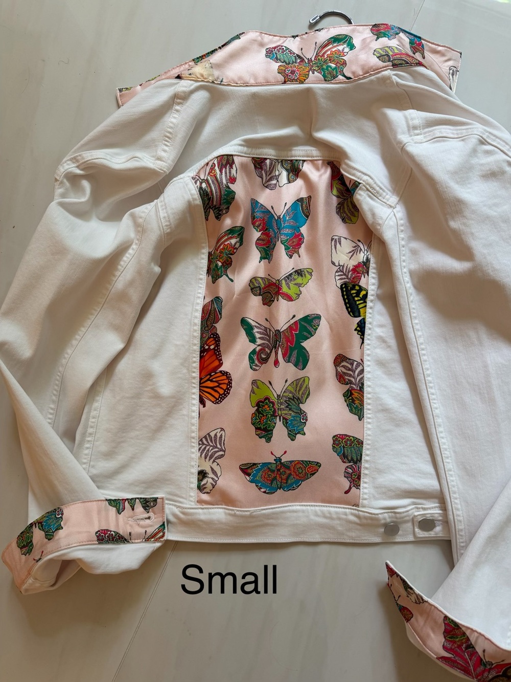 White Jean Jacket with Pink Butterfly Panel - Small